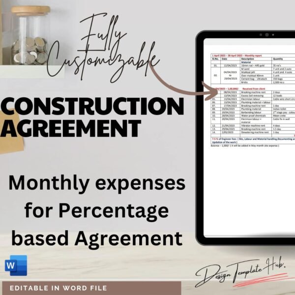 Construction Agreement ( 2 types ) Sq.ft contract and Percentage Contract with monthly expenses