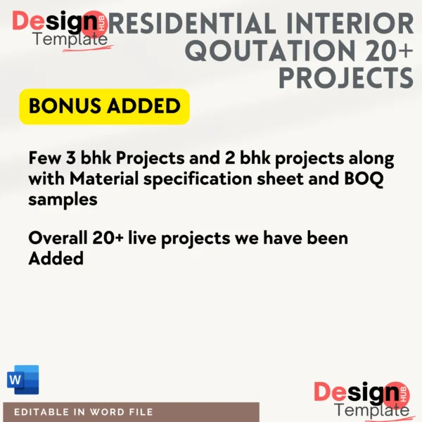 Residential Interior Qoutation 5 formats ( 20+ projects ) Editable format BOQ