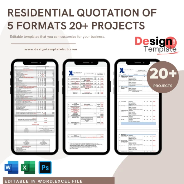 Residential Interior Qoutation 5 formats ( 20+ projects ) Editable format BOQ